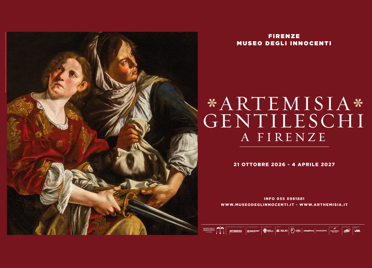 Poster for the exhibition “Artemisia Gentileschi in Florence,” featuring the painting *Judith and Her Maidservant with the Head of Holofernes* on the left and the exhibition title, dates, and information on a burgundy background on the right.